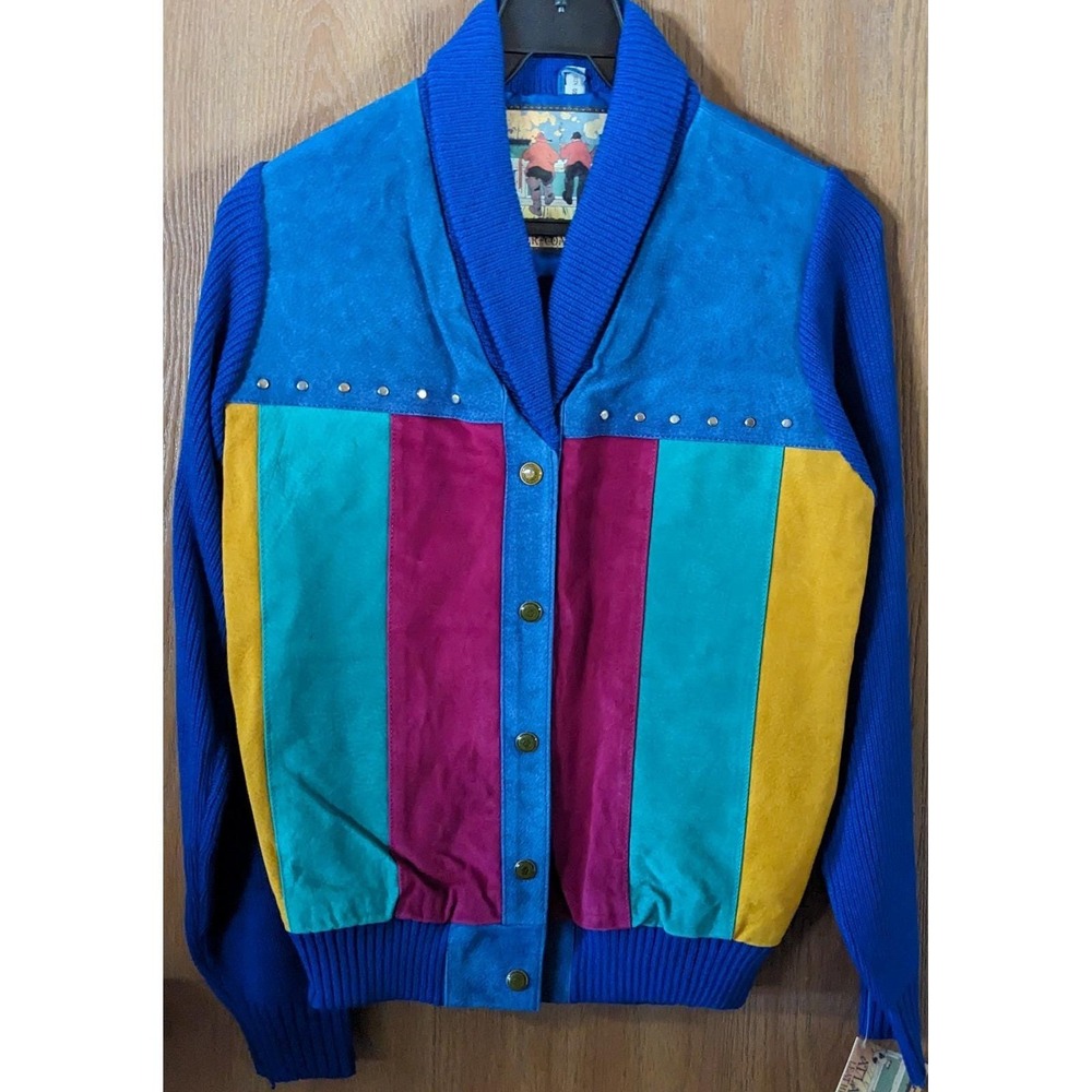Vintage Women's‎ Small Leather Patchwork Colorblock Sweater Jacket Retro New